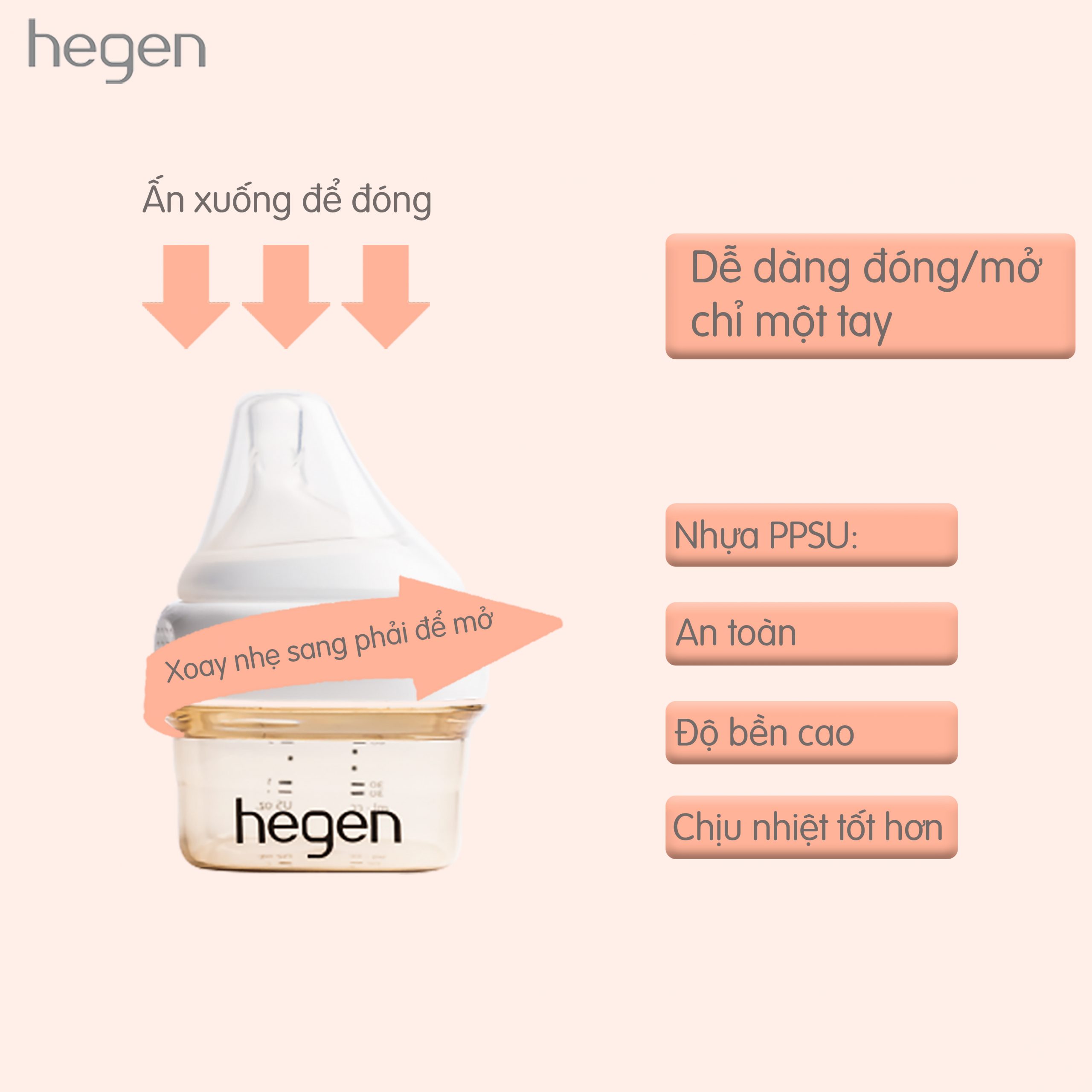 Bình sữa Hegen PPSU 330ml núm ti size L trên 6 tháng, Pink:5578