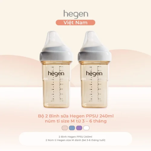 Bộ 2 bình sữa Hegen PPSU 240ml núm ti size M từ 3 - 6 tháng, White