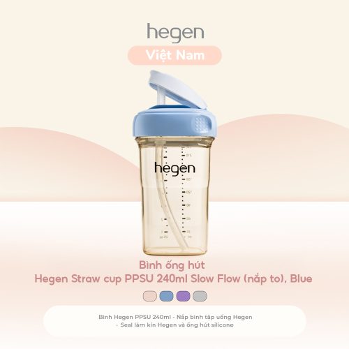 Bình ống hút Hegen Straw cup PPSU 240ml Slow Flow (nắp to), Blue