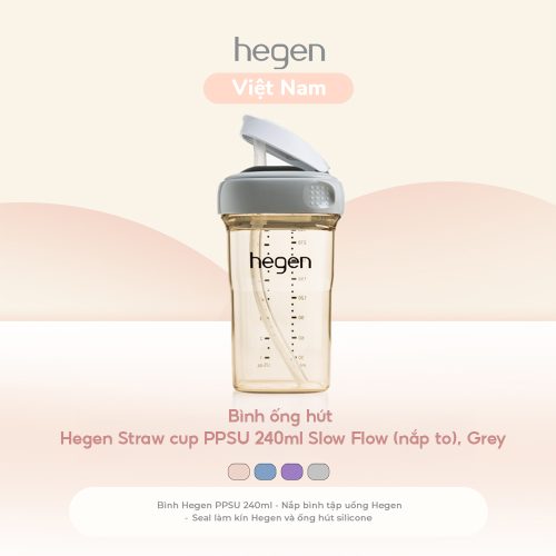 Bình ống hút Hegen Straw cup PPSU 240ml Slow Flow (nắp to), Grey