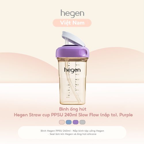 Bình ống hút Hegen Straw cup PPSU 240ml Slow Flow (nắp to), Purple
