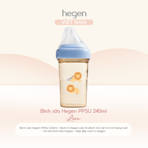Bình sữa Hegen PPSU 240ml núm ti size M từ 3 - 6 tháng, Blue - Lion