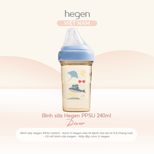 Bình sữa Hegen PPSU 240ml núm ti size M từ 3 - 6 tháng, Blue - Diver