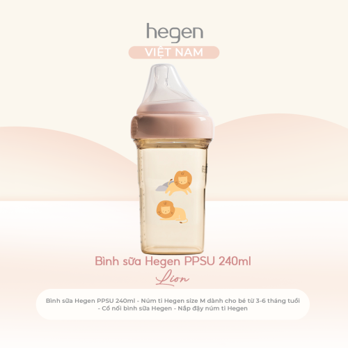 Bình sữa Hegen PPSU 240ml núm ti size M từ 3 - 6 tháng, Pink - Lion