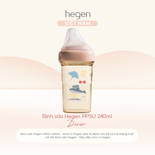 Bình sữa Hegen PPSU 240ml núm ti size M từ 3 - 6 tháng, Pink - Diver