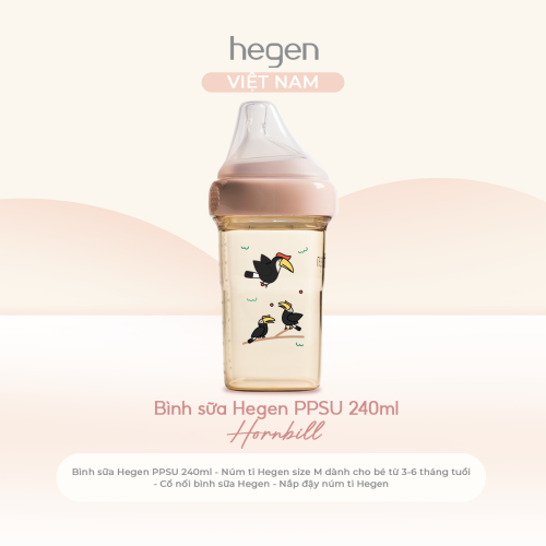 Bình sữa Hegen PPSU 240ml núm ti size M từ 3 - 6 tháng, Pink - Hornbill