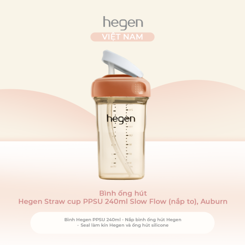 Bình ống hút Hegen Straw cup PPSU 240ml Slow Flow (nắp to), Auburn